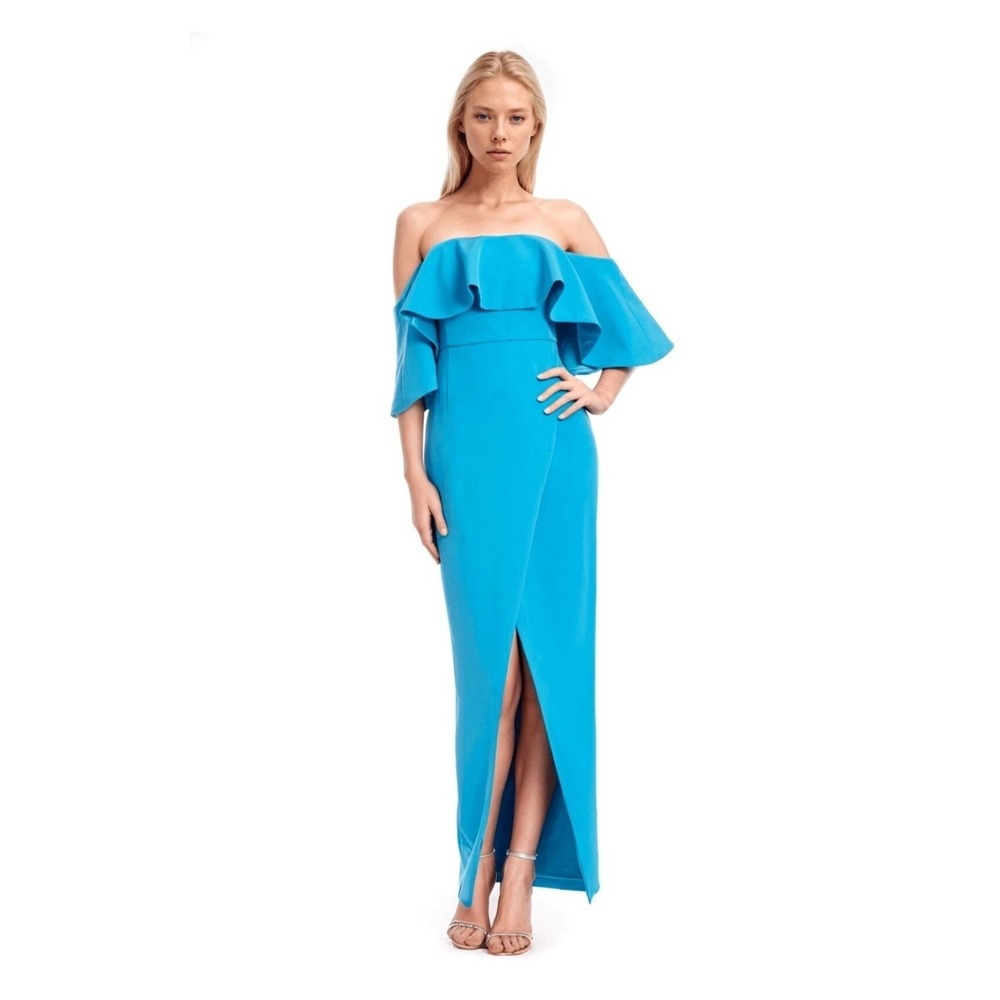Jewel Badgley Mischka Cheery‎ Off Shoulder Popover Gown Slit Wrap Turquoise sz 4